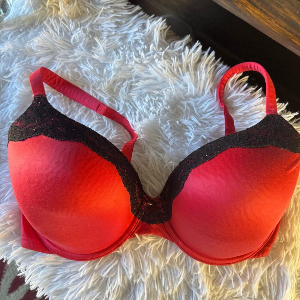 Womens Victorias Secret Perfect Coverage Red Black Lace Underwire  Bra 38 DD